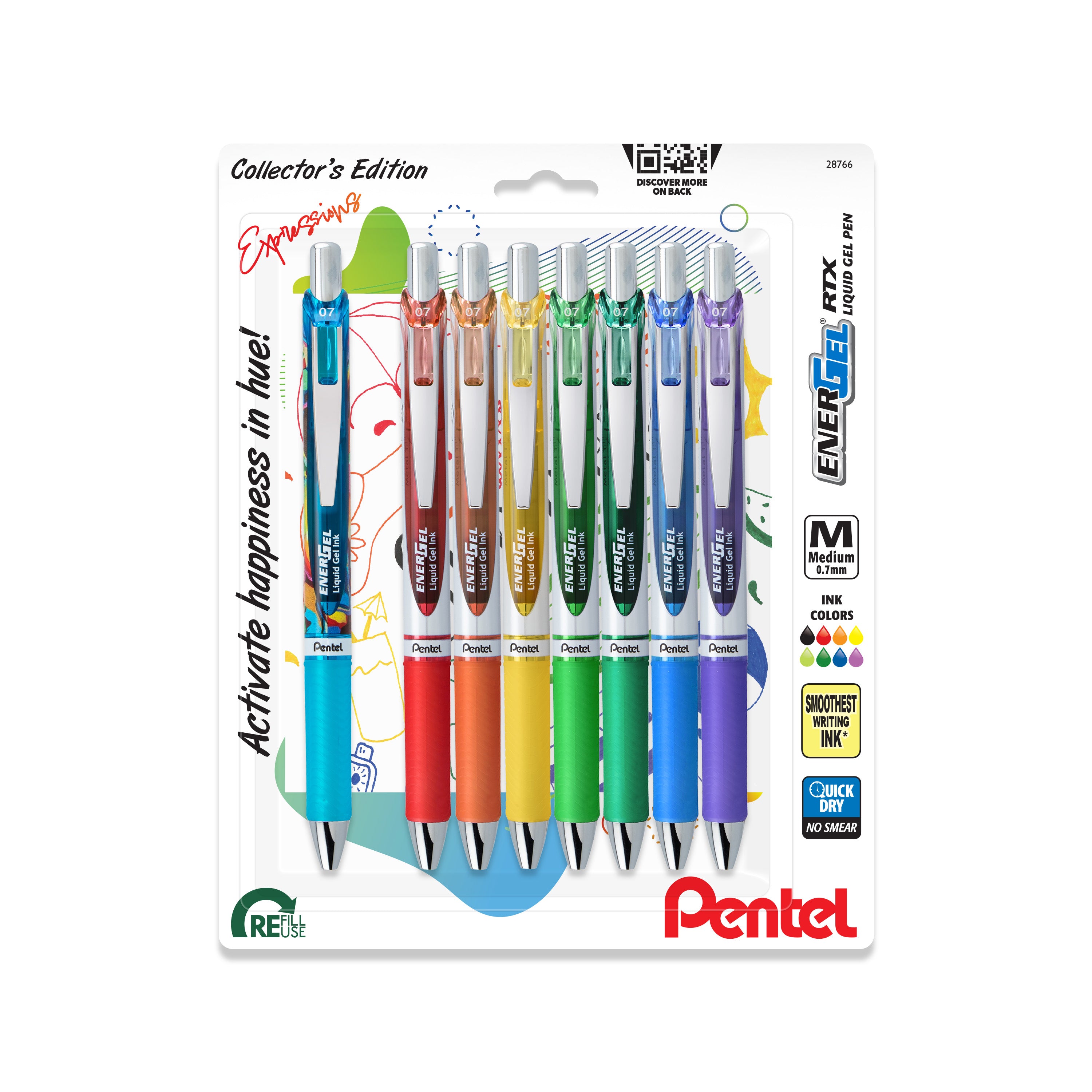 EnerGel RTX Retractable Liquid Gel Pen, Happiness Expressions Pack, (0.7mm) Medium Line, Assorted Ink, 8-Pk 