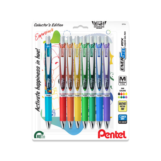 EnerGel RTX Retractable Liquid Gel Pen, Happiness Expressions Pack, (0.7mm) Medium Line, Assorted Ink, 8-Pk 
