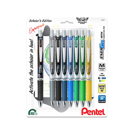 EnerGel RTX Retractable Liquid Gel Pen, Scholar Expressions Pack, (0.7mm) Medium Line, Assorted Ink, 8-Pk 