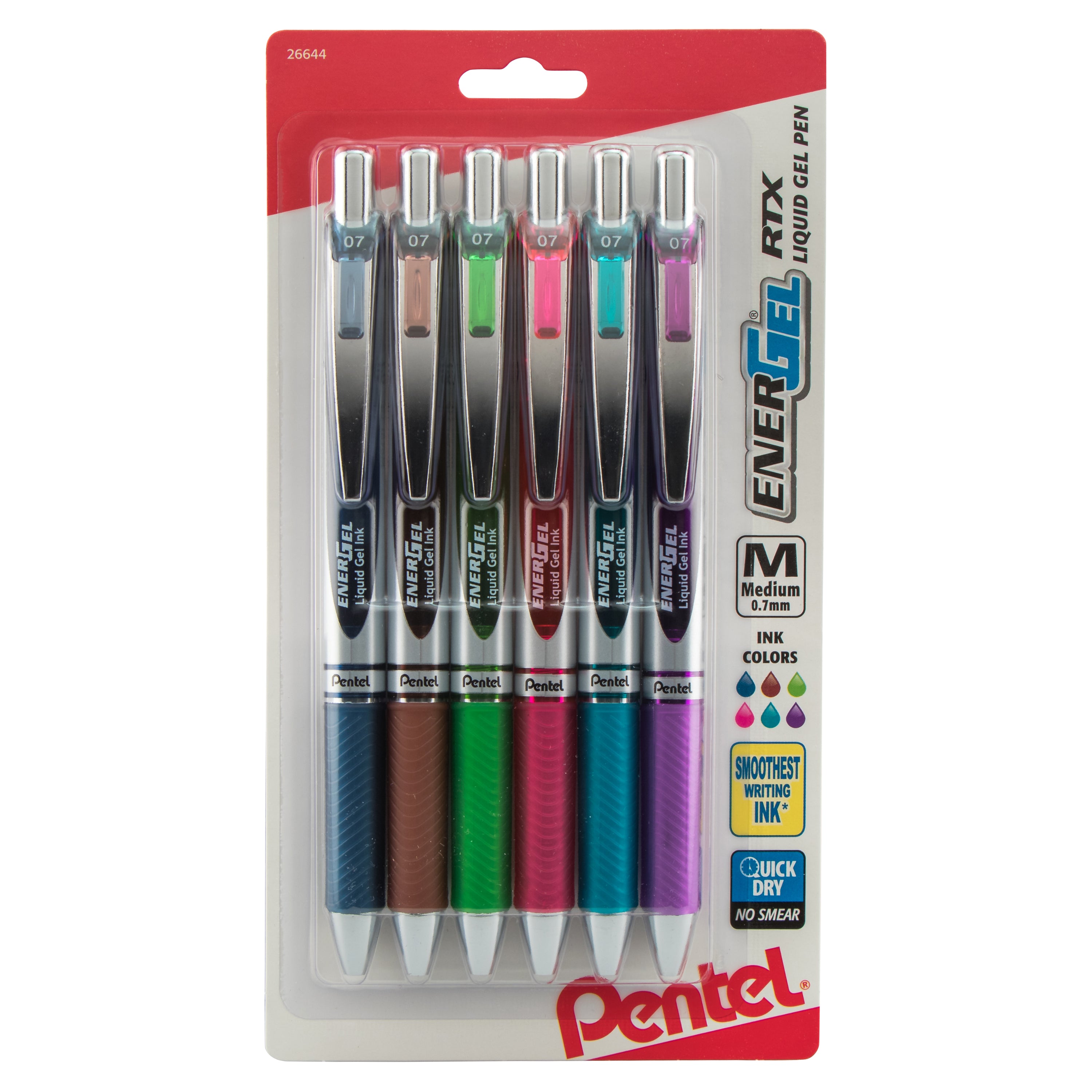 EnerGel RTX Refillable Liquid Gel Pen, 0.7mm, Assorted Colors, 6