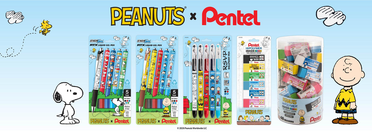 Peanuts and Pentel banner featuring colorful stationery packs with pens and pencils alongside Snoopy Woodstock and Charlie Brown illustrations