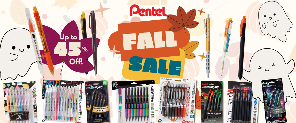 Fall themed illustrated Pentel banner with colorful pens and pencils ghost characters autumn leaves and bold sale lettering