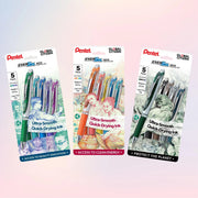 Three Pentel Global Citizen EnerGel RTX five pack gel pen sets featuring colorful artwork for education energy and planet causes with quick drying ink