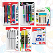 Assorted Pentel writing tools including colorful gel pens, mechanical pencils, lead refills, whiteboard markers, and Hi-Polymer erasers arranged on a light background.