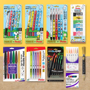Assorted PEANUTS and Pentel writing supplies including Snoopy themed gel pens pencils markers erasers and colorful brush pens in retail packaging