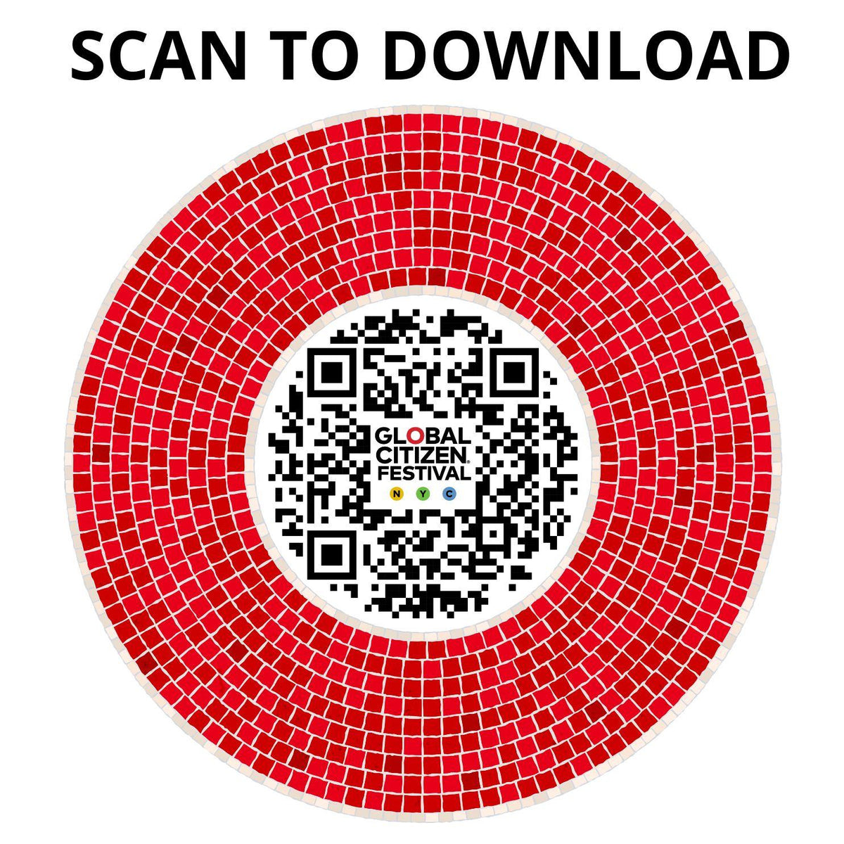 Scan to download QR code featuring the Global Citizen Festival logo surrounded by a red circular mosaic pattern