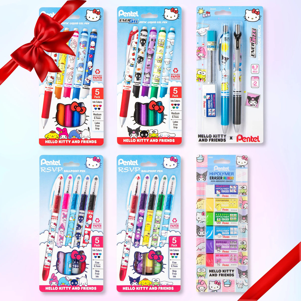 Hello Kitty and Friends Pentel bundle with six colorful packs of gel pens mechanical pencils markers and erasers arranged with red ribbon accents.