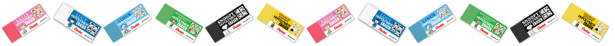 Colorful stationery package illustrations in pink, blue, green, black, and yellow arranged in a repeating diagonal pattern across a narrow banner