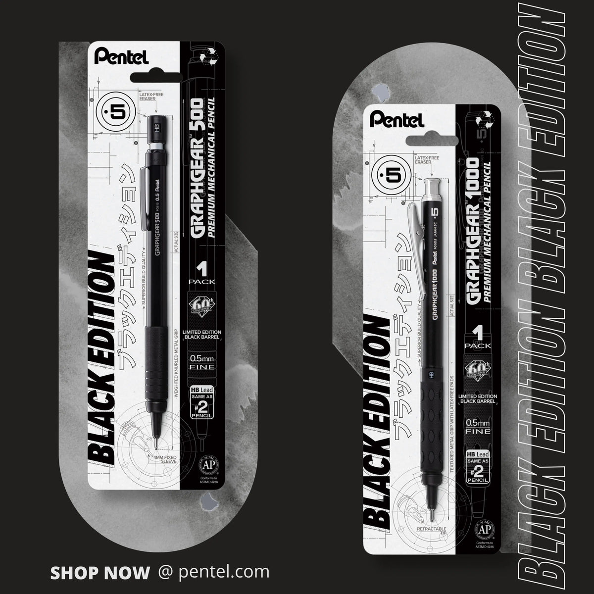 Two black Pentel GraphGear mechanical pencils displayed in Black Edition packaging for precise writing drafting and drawing