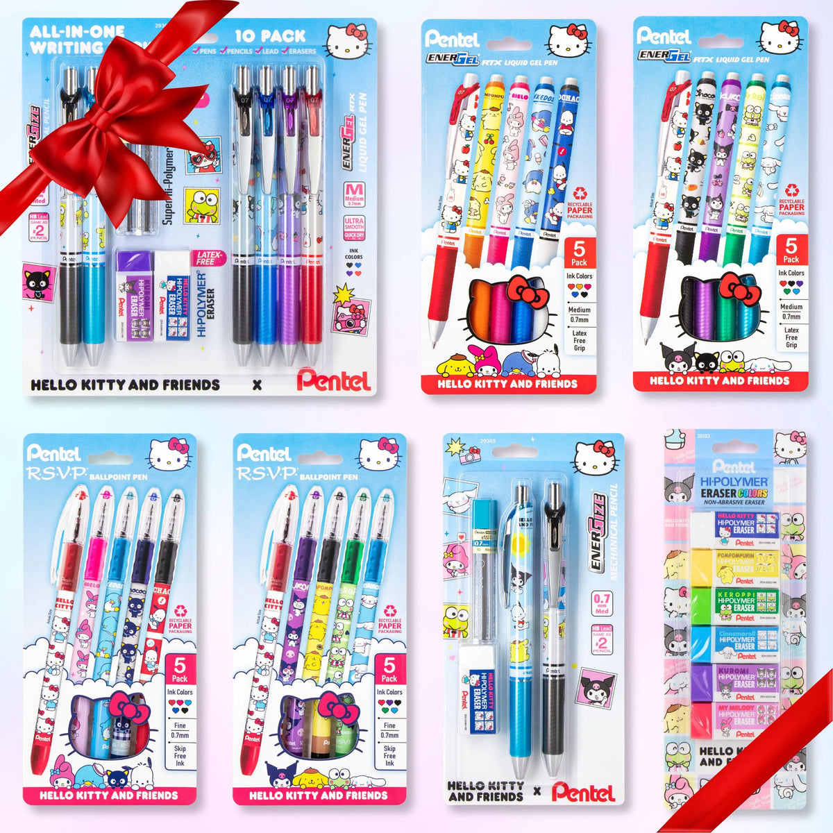 Collage of Pentel Hello Kitty and Friends stationery packs featuring colorful pens, mechanical pencils, erasers, and correction supplies with a red ribbon overlay