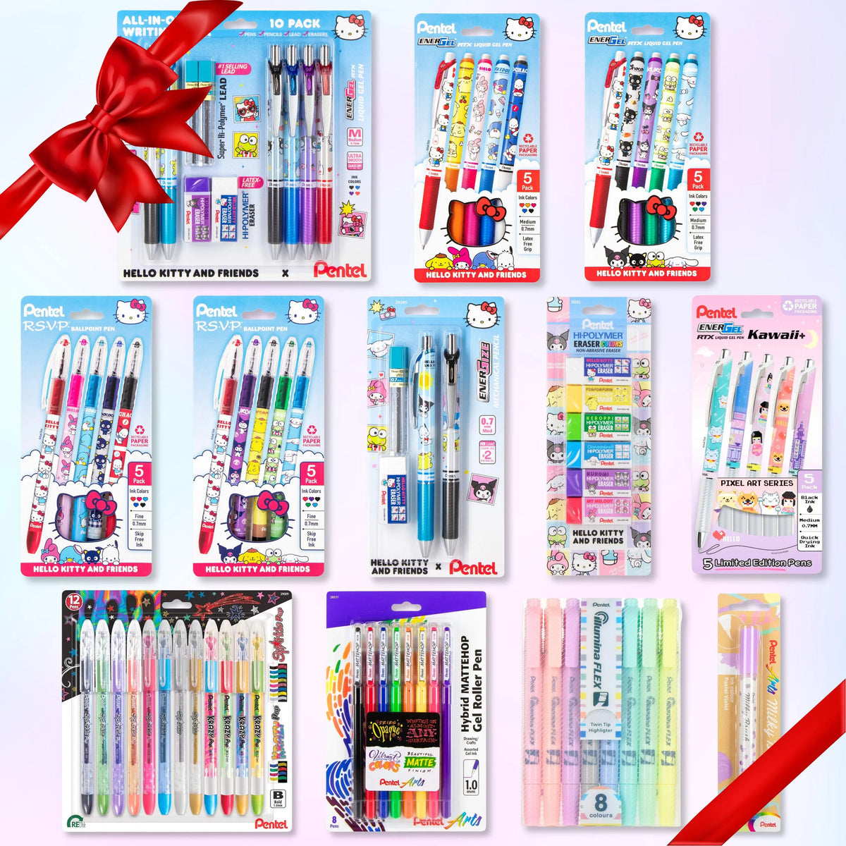 Collage of colorful Hello Kitty and friends writing sets, including pens, pencils, markers, and erasers, arranged on pastel packages with red ribbon accents.