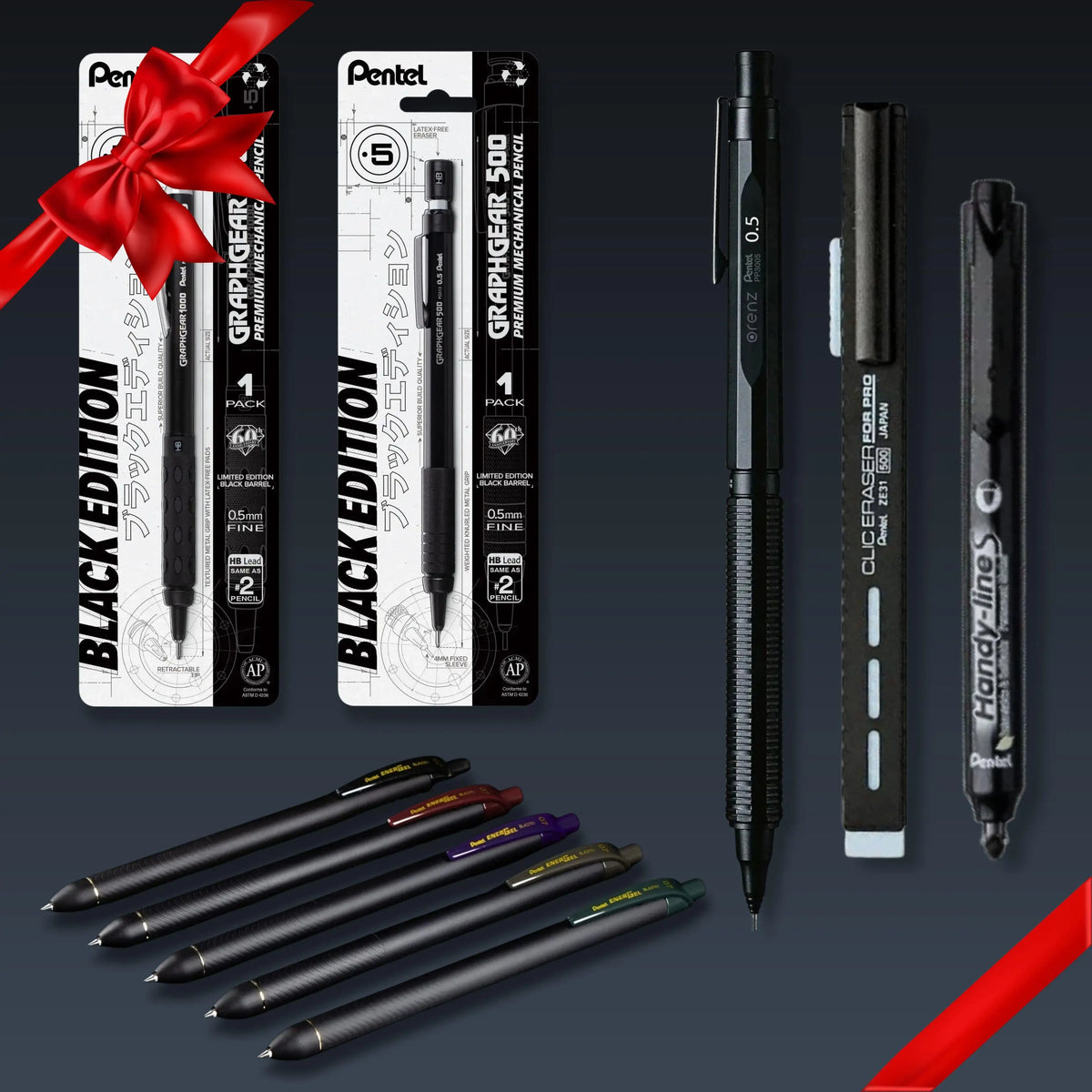 Graphic showing black mechanical pencils with Pentel packaging and loose pencils arranged on a dark background with red ribbon accents