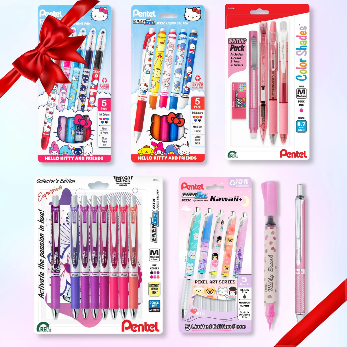 Collage of colorful Pentel pen packages featuring Hello Kitty designs and pink stationery sets with decorative ribbons on a white background