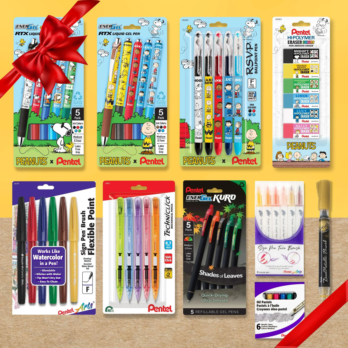 Collage of Pentel pens markers and art supplies including Peanuts themed packs colorful gel pens brush pens and correction pens on a yellow background