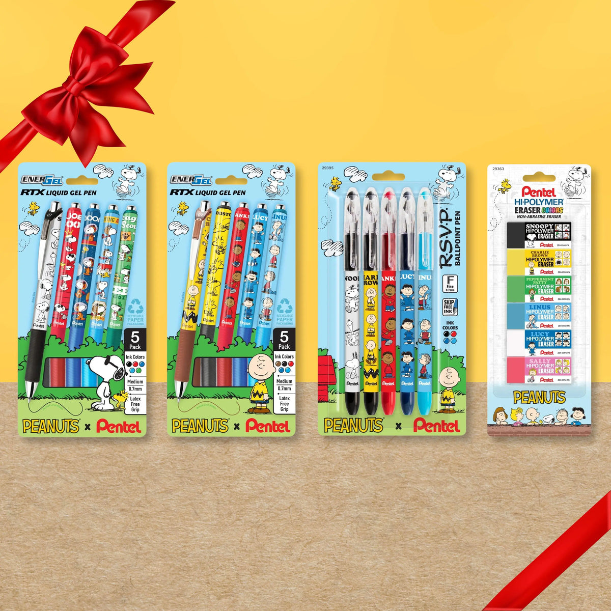 Illustration of four colorful stationery packages featuring gel pens, assorted pens, and a polymer eraser on a yellow background with red ribbon accents.
