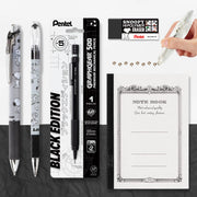 Stationery collage featuring Snoopy pens, a black mechanical pencil, a white writing instrument, pencil marks, and an ornate lined notebook.