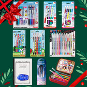 Holiday themed collage of Pentel stationery including packaged gel pens, mechanical pencils, markers, a notebook, correction tape, and a colorful pencil case