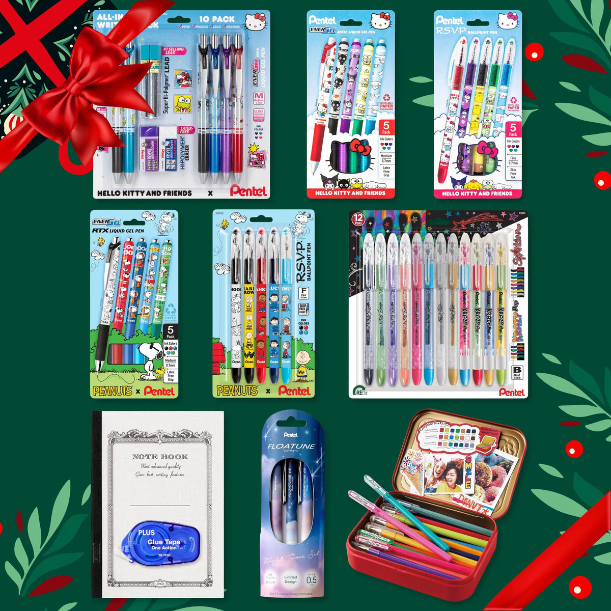 Holiday themed collage of Pentel stationery including packaged gel pens, mechanical pencils, markers, a notebook, correction tape, and a colorful pencil case