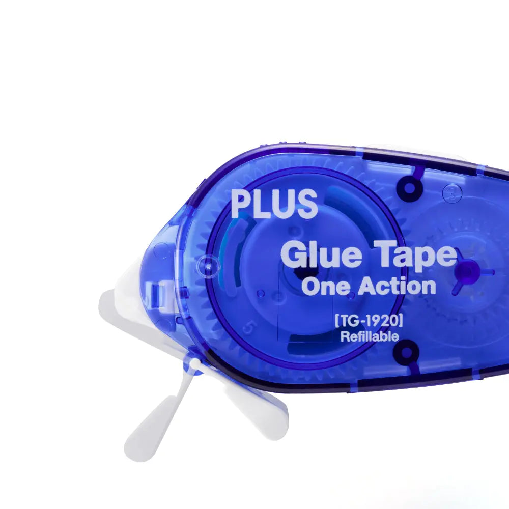 Blue refillable glue tape dispenser with a smooth one action applicator for clean permanent bonding in crafting office and school projects