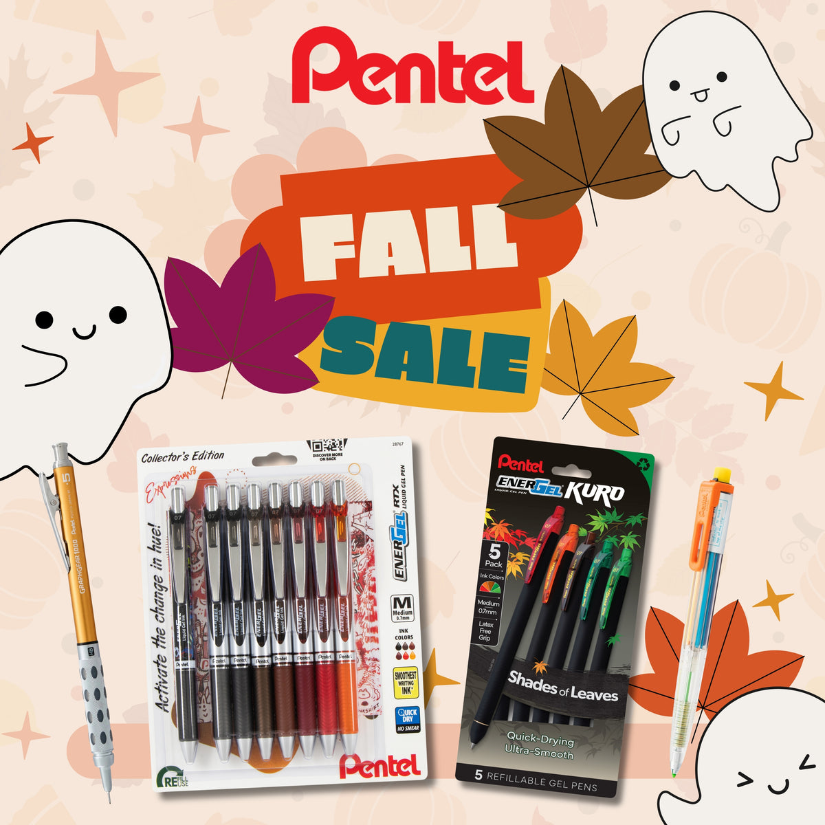 Illustrated autumn themed Pentel graphic with FALL SALE lettering ghosts leaves and colorful packaged pens plus loose pens arranged against a pale background