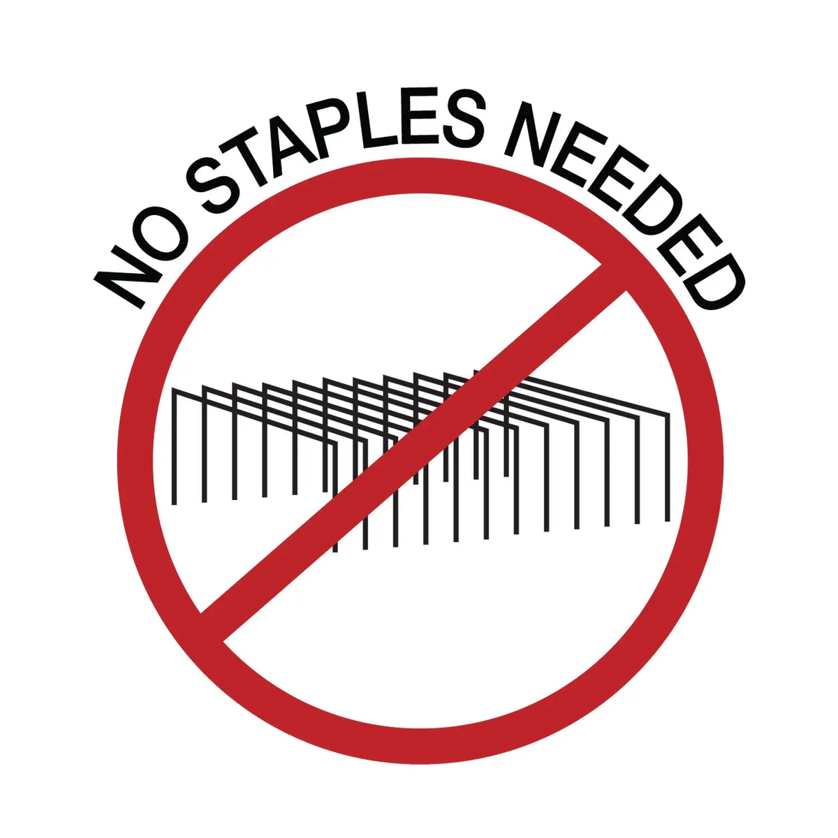 Graphic showing crossed out staples with text No Staples Needed for a staple free paper fastener