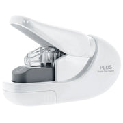 White PLUS staple free paper fastener with a sleek ergonomic handle and transparent binding mechanism for securing up to five sheets without metal staples