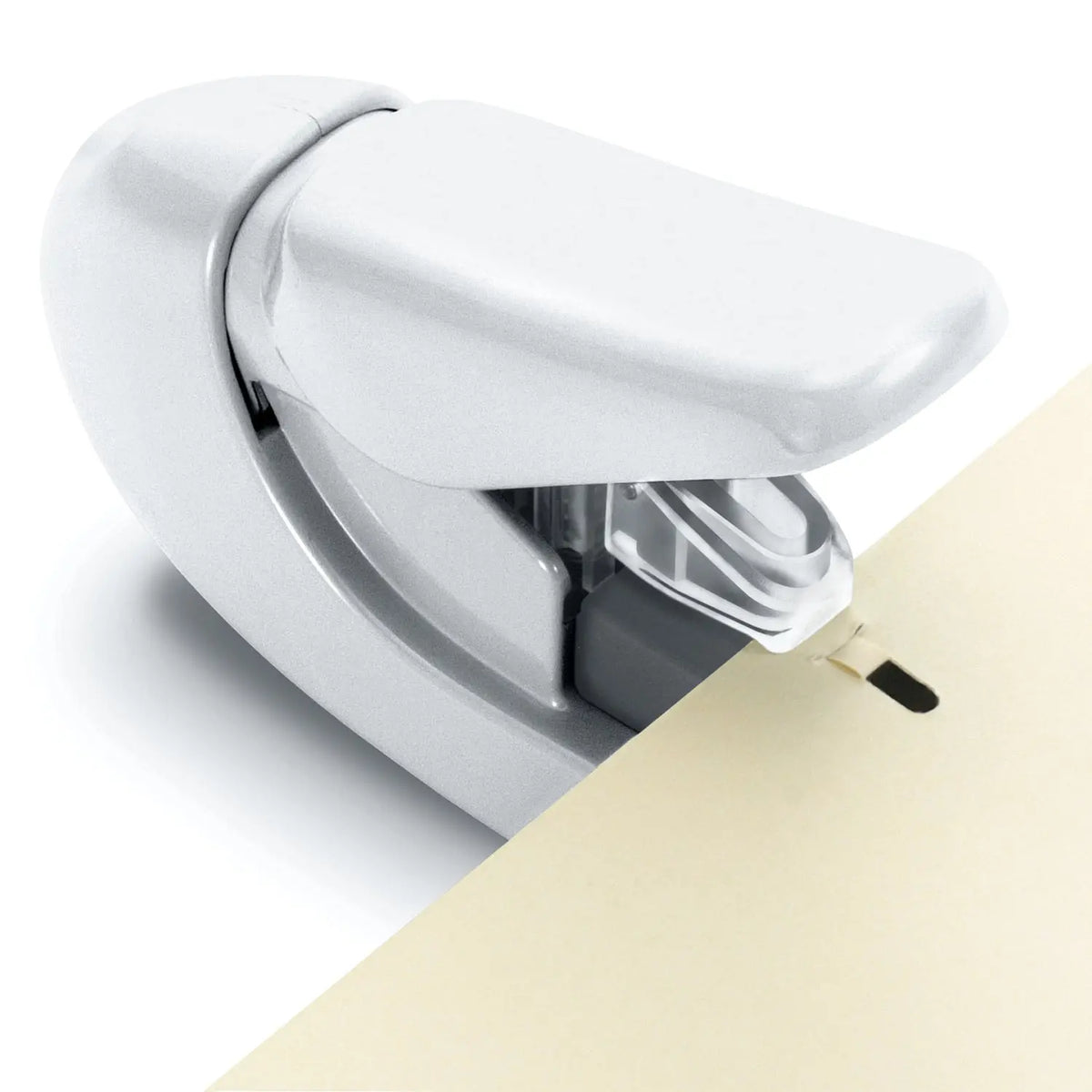 White PLUS staple free stapler fastening paper without metal staples using an innovative interfolding paper binding mechanism