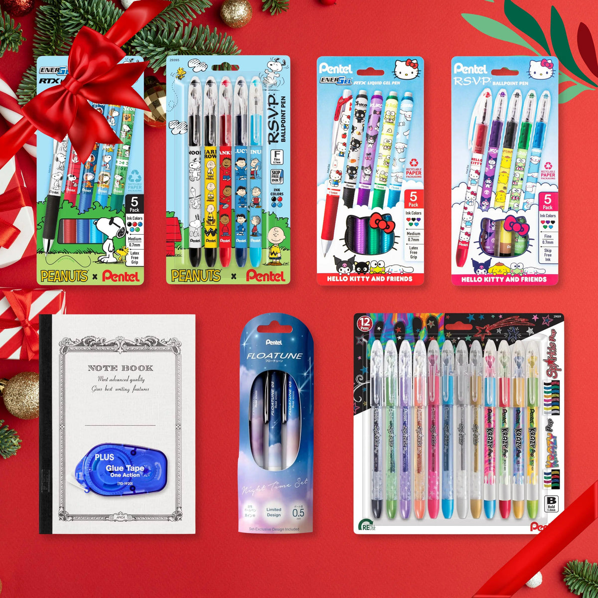 Holiday themed graphic showing Pentel stationery including colorful pens mechanical pencils glue tape and a notebook arranged on a red background with Christmas greenery