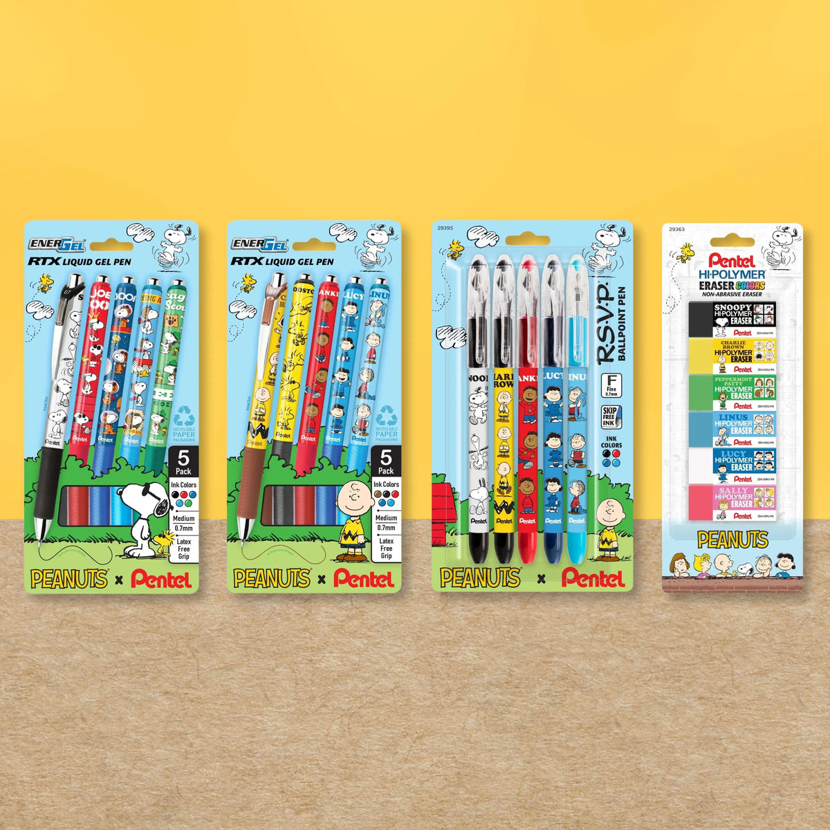 PEANUTS and Pentel stationery bundle featuring two five pack EnerGel RTX gel pen sets assorted pens and a Hi Polymer eraser set