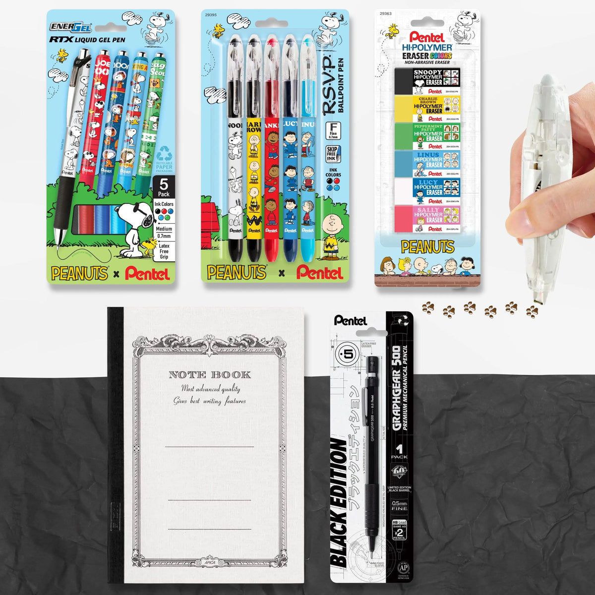 Collage of Peanuts stationery featuring colorful gel pens colored markers an eraser pack a correction pen a lined notebook and black graphite pencils