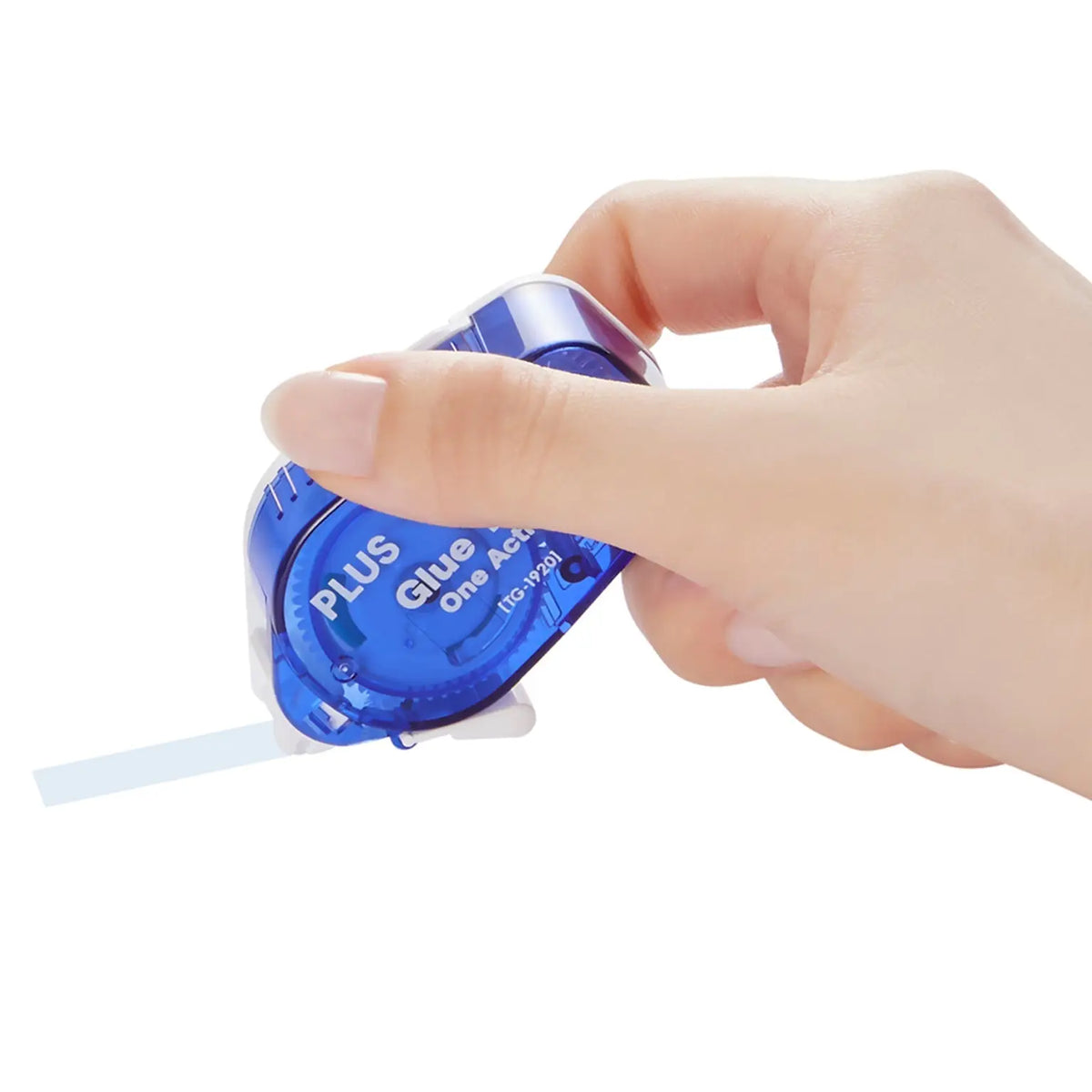 Hand using a blue permanent glue tape dispenser with adhesive strip extending for smooth paper crafting and office projects