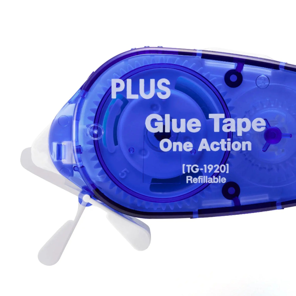 Blue PLUS One Action Glue Tape refill dispenser labeled TG 1920 for smooth permanent adhesive application in crafts and paper projects