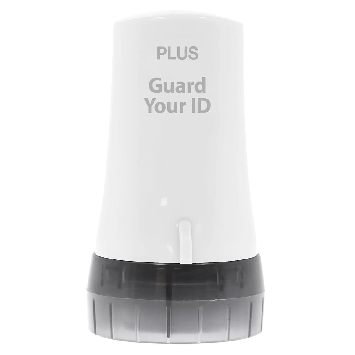 White compact privacy roller stamp with Guard Your ID branding and a clear roller base for covering personal information on mail labels and documents
