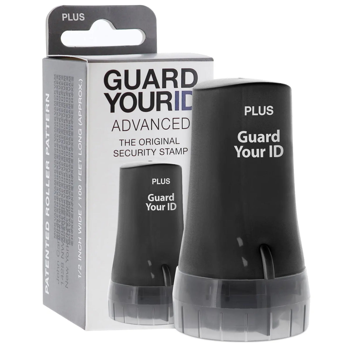 Black Guard Your ID roller privacy stamp shown with its retail box for covering personal information on mail labels and documents