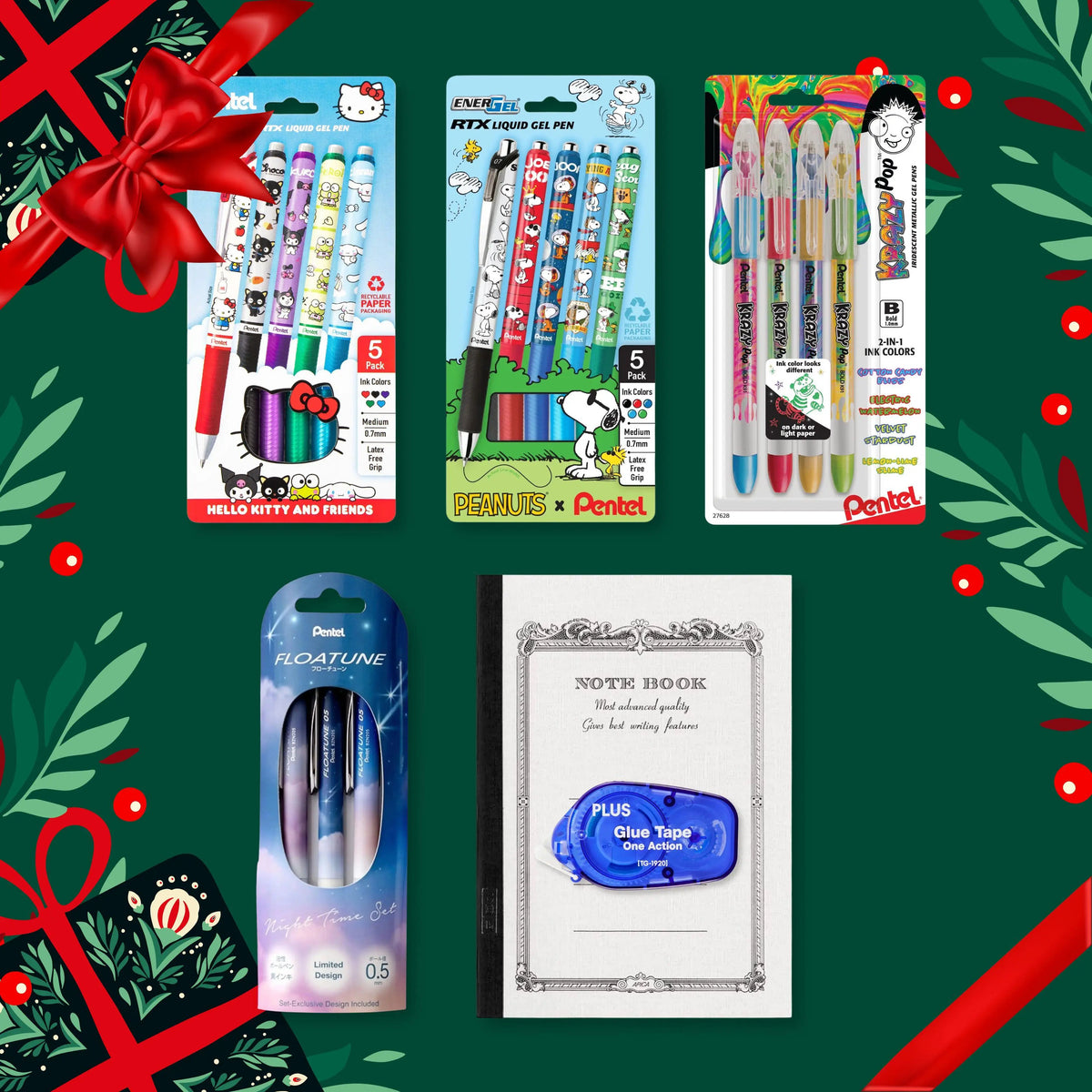 Holiday-themed stationery collage with colorful Pentel pens, character-decorated pen sets, a blue Floatune pen pack, and a notebook with glue tape.