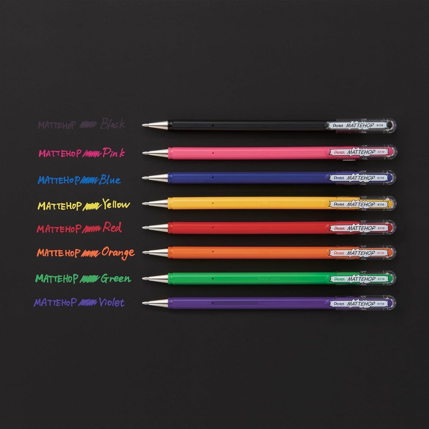 Pentel Arts Hybrid MATTEHOP Gel Roller, 1.0mm, Matte Orange, Matte Yellow, Matte Pink, Matte Violet, Pack of 4 Pens