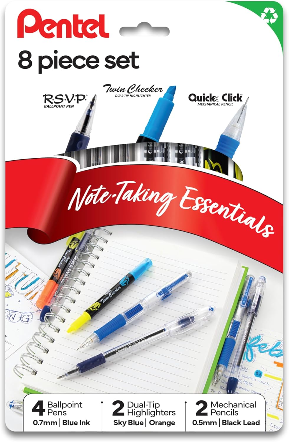 Pentel Note Taking Essentials 8 pack - 4 blue RSVP 0.7mm ballpoint pens, 2 Twin Checker Highlighters, 2 Quick Click 0.5mm Mechanical Pencils