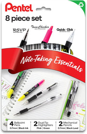 Pentel Note Taking Essentials 8 pack - 4 black RSVP 0.7mm ballpoint pens, 2 Twin Checker Highlighters, 2 Quick Click 0.7mm Mechanical Pencils