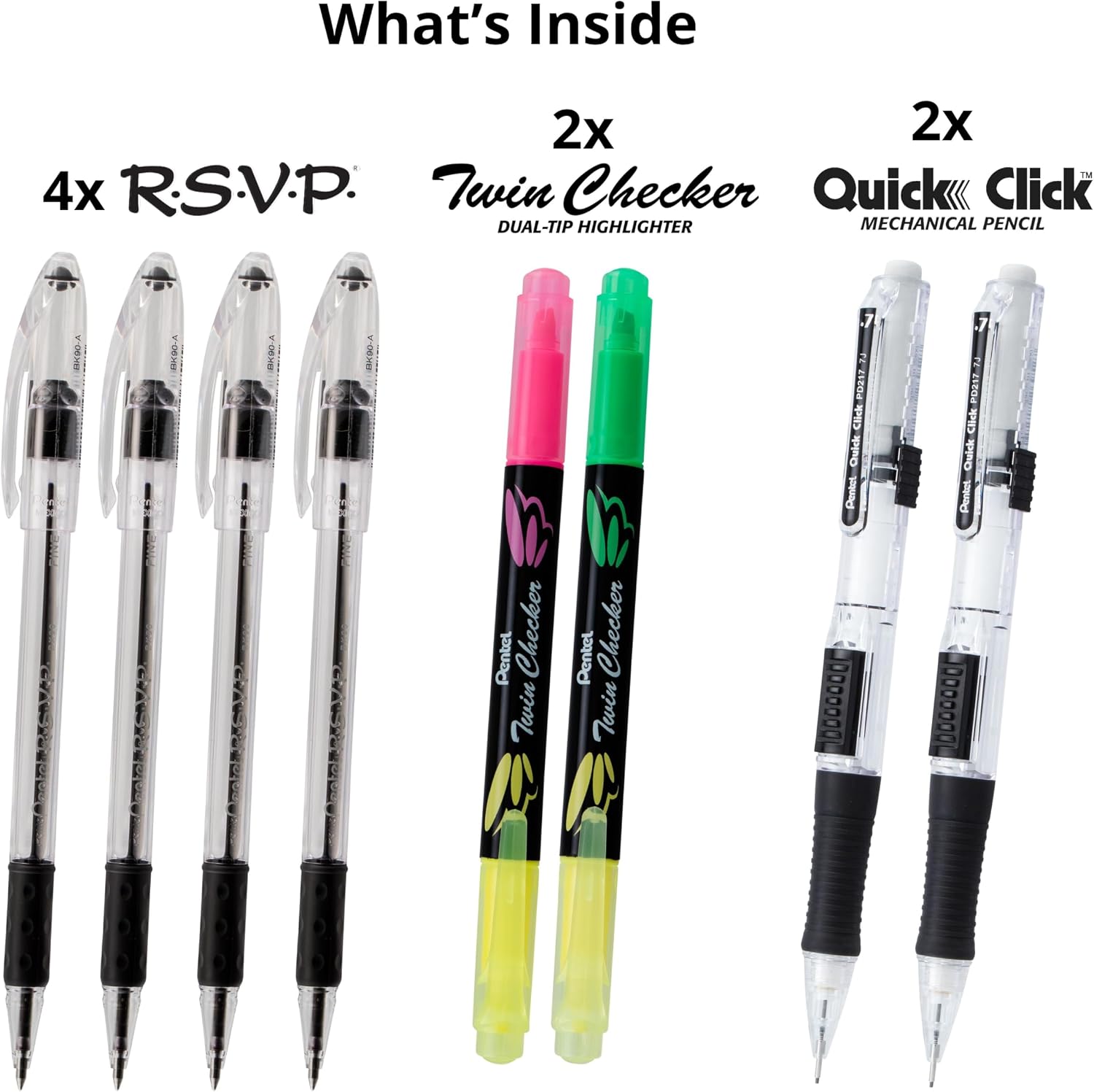 Pentel Note Taking Essentials 8 pack - 4 black RSVP 0.7mm ballpoint pens, 2 Twin Checker Highlighters, 2 Quick Click 0.7mm Mechanical Pencils