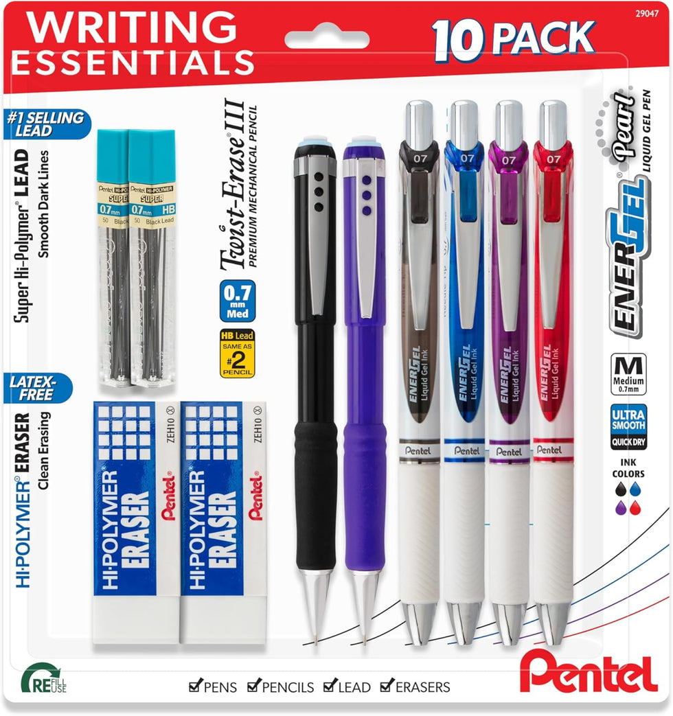 Pentel Writing Essentials 10 pack - 4 EnerGel gel pens, 2 Twist Erase ...