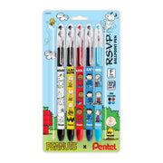 PEANUTS and Pentel RSVP ballpoint pen five pack with Snoopy character designs assorted ink colors and fine 0.7 millimeter tips in retail packaging