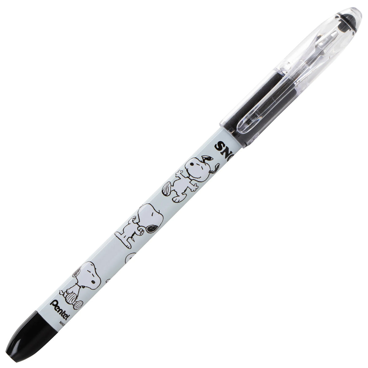 Pentel Peanuts Snoopy ballpoint pen with a white character printed barrel clear cap and black ink shown against a white background