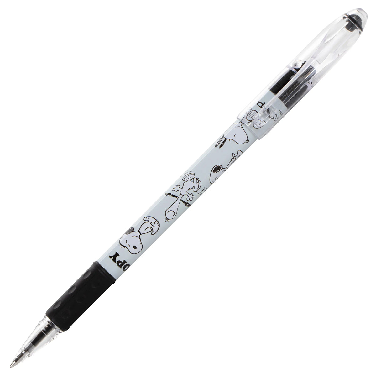 PEANUTS Snoopy themed Pentel RSVP ballpoint pen with a clear barrel white character print black grip and visible black ink refill