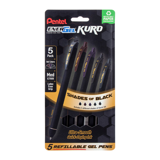 EnerGel Kuro Liquid Gel Pen, Shades of Black, 5-pk