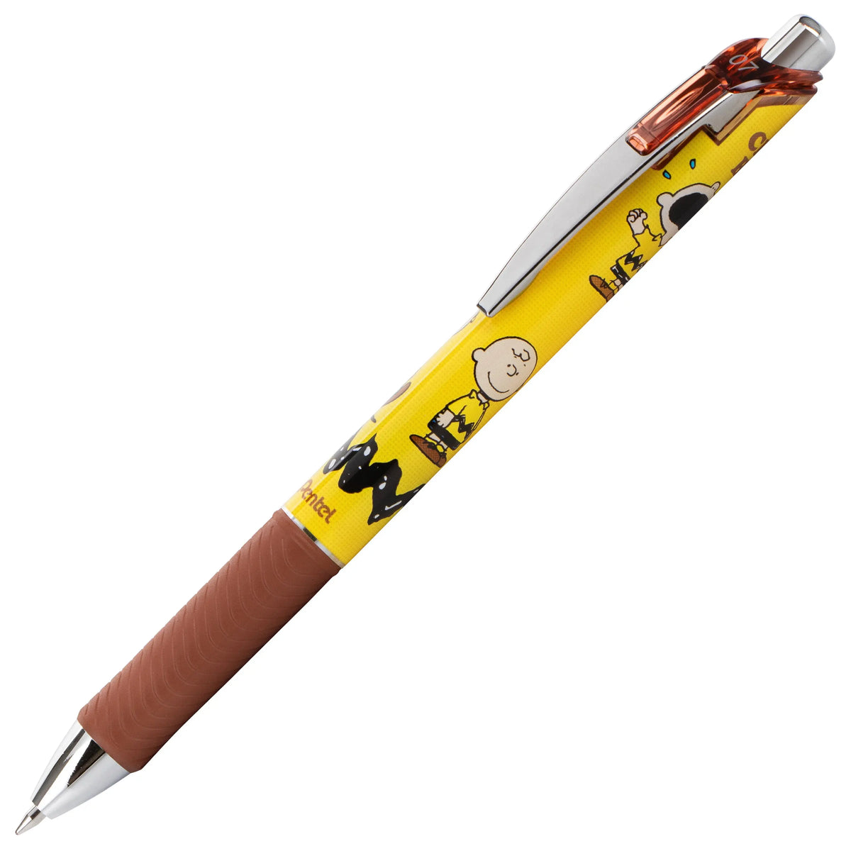 Yellow Peanuts themed Pentel EnerGel retractable gel pen with brown textured grip silver clip and black character artwork on the barrel
