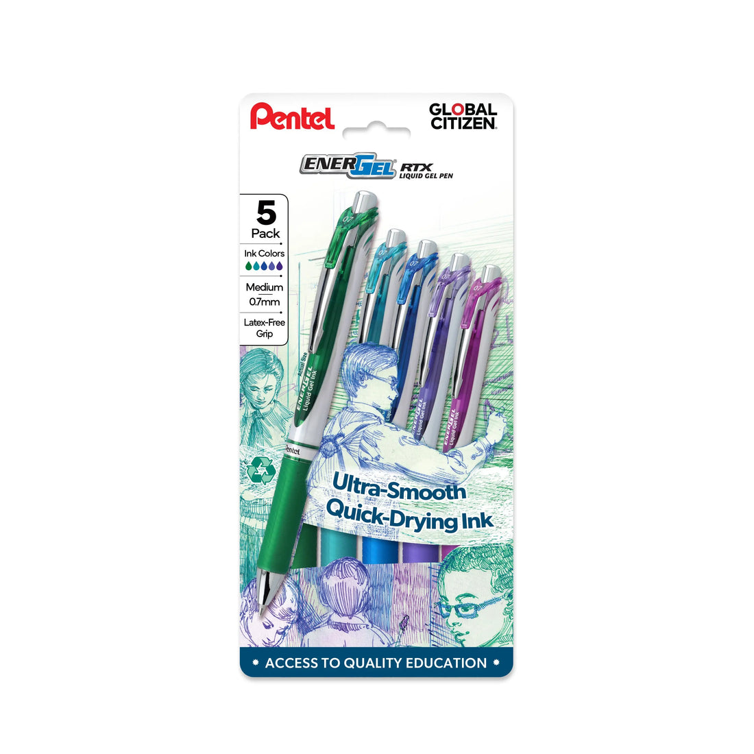 Pack of five assorted color gel pens in clear packaging with educational illustrations and text describing ultra smooth quick drying ink