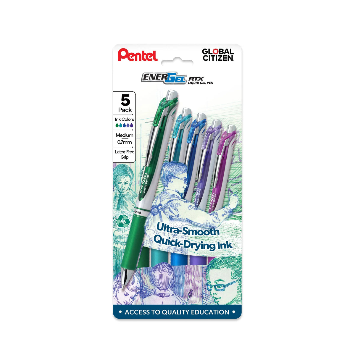 Pack of five assorted color gel pens in clear packaging with educational illustrations and text describing ultra smooth quick drying ink