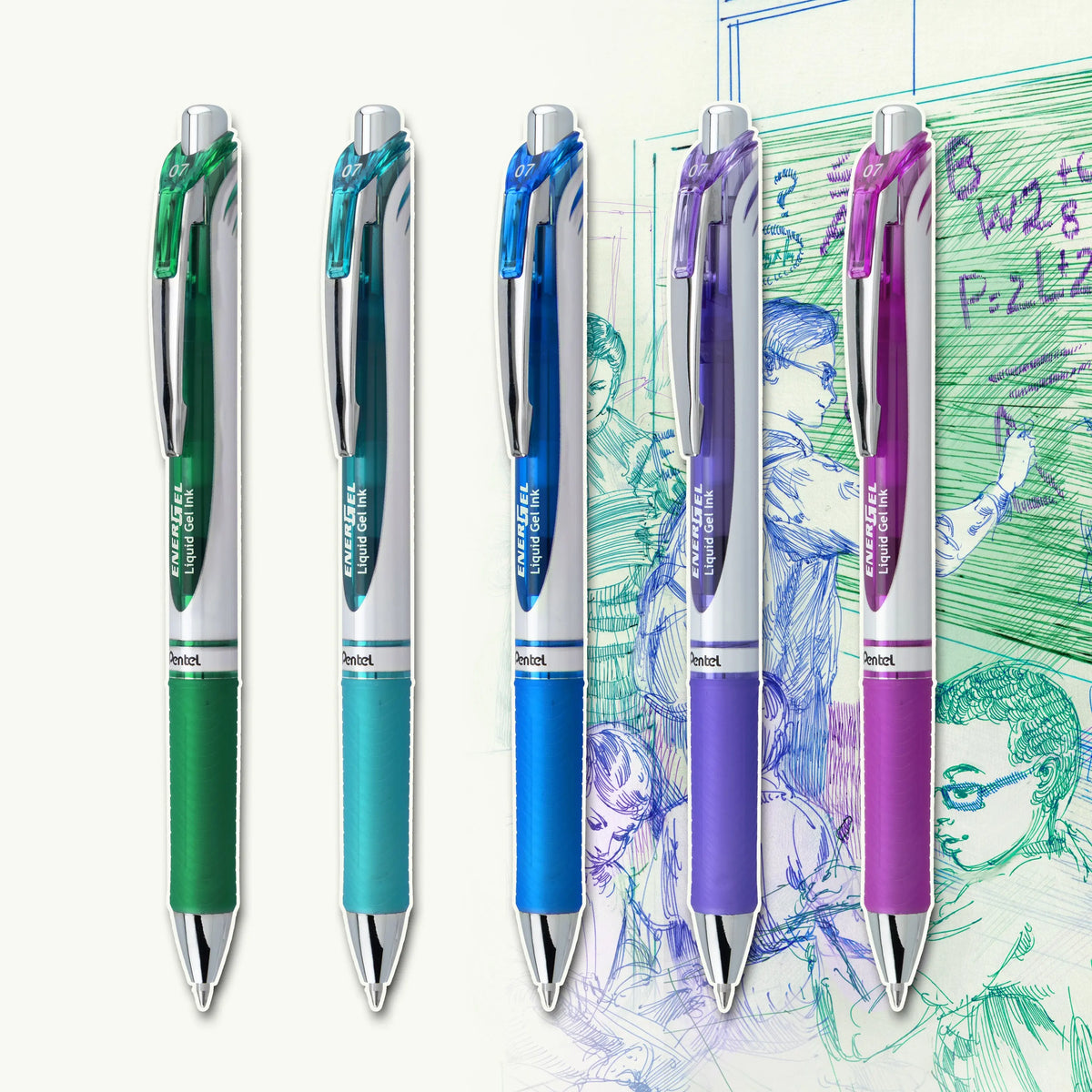 Five retractable pens in green, teal, blue, purple, and magenta arranged over colorful hand drawn character sketches on paper