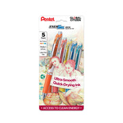 Pentel EnerGel RTX five pack of medium point gel pens in assorted ink colors shown in packaging with illustrated artwork and quick drying ink text