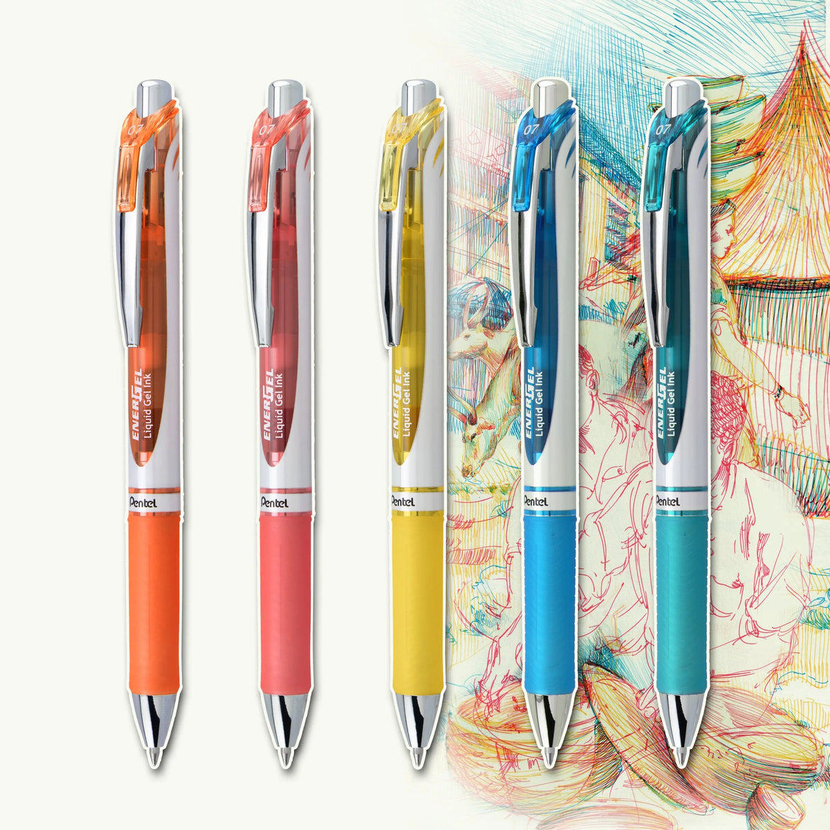 Five retractable gel pens in orange red yellow blue and teal displayed against colorful line drawn artwork
